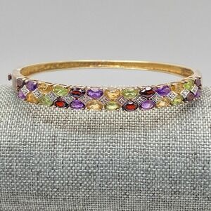 Unsigned 925 Sterling Silver Bangle Vintage Multi Gemstone Gold 7"